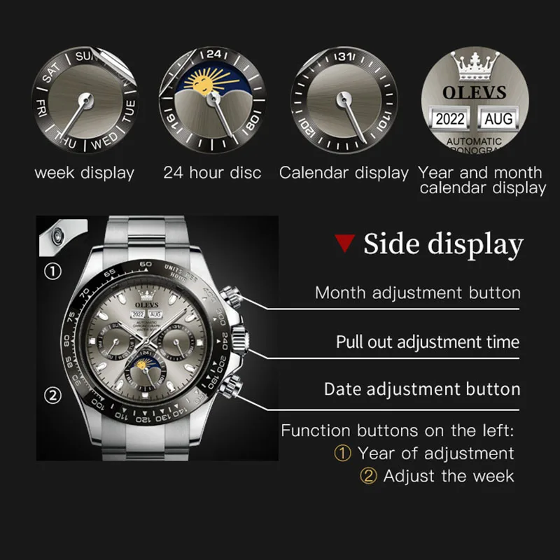 OLEVS Watches for Men Luxury Stainless Steel Calendar Waterproof Luminous Fashion Business Men's Automatic Mechanical Wristwatch