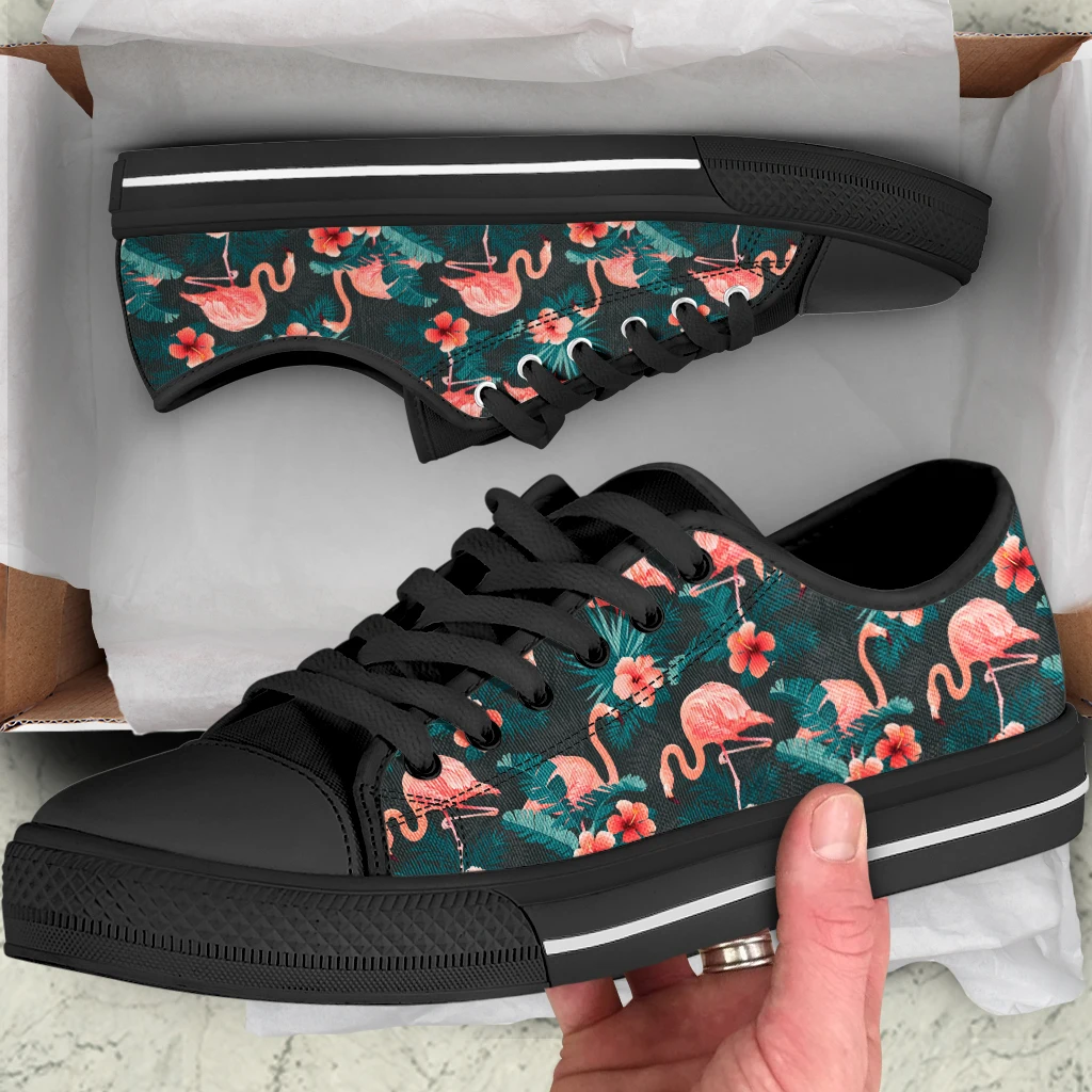 Animal Black Pink Flamingo Canvas Shoes Women Low-top Casual Tropical Style Student Canvas Lace Up Sneakers
