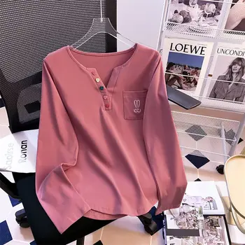 Abbigliamento donna Manica lunga Allentata Semplicità Taglie forti Top Primavera Autunno Nuovo scollo a V Stile pigro T-shirt Moda casual da strada 1