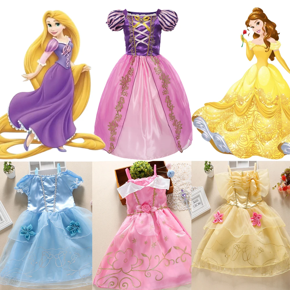 

Disney Girl Rapunzel Princess Dress Aurora Cinderella Snow White Cosplay Gown Belle Dress Up Costumes Summer Dresses For Girls