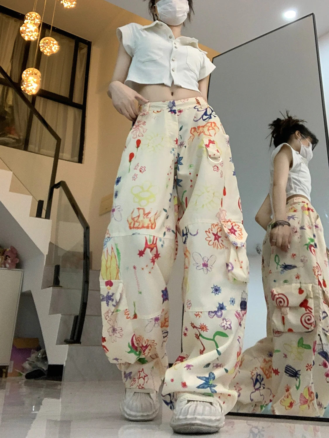 Women's Cargo Pants Y2k Polychrome Print Summer Pockets Button Zippers Wide-leg Female Trousers 2023 Fashion Girl Dropped Pant