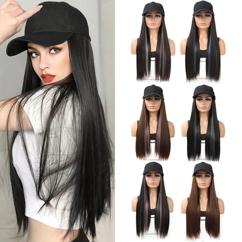 Hat Wig Synthetic Long Straight Baseball Cap with Hair Extensions 24 Inch High Quality fiber Adjustable Wig Hat for Women Girls