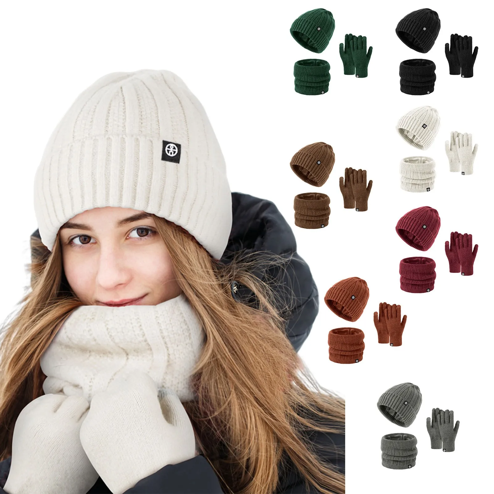 

Женская зимняя шапка, перчатки, снуд, шарф, комплект из 3 предметов, теплый плотный вязаный комплект шапки, модный универсальный комплект для улицы, снуд, перчатки, набор для мужчин