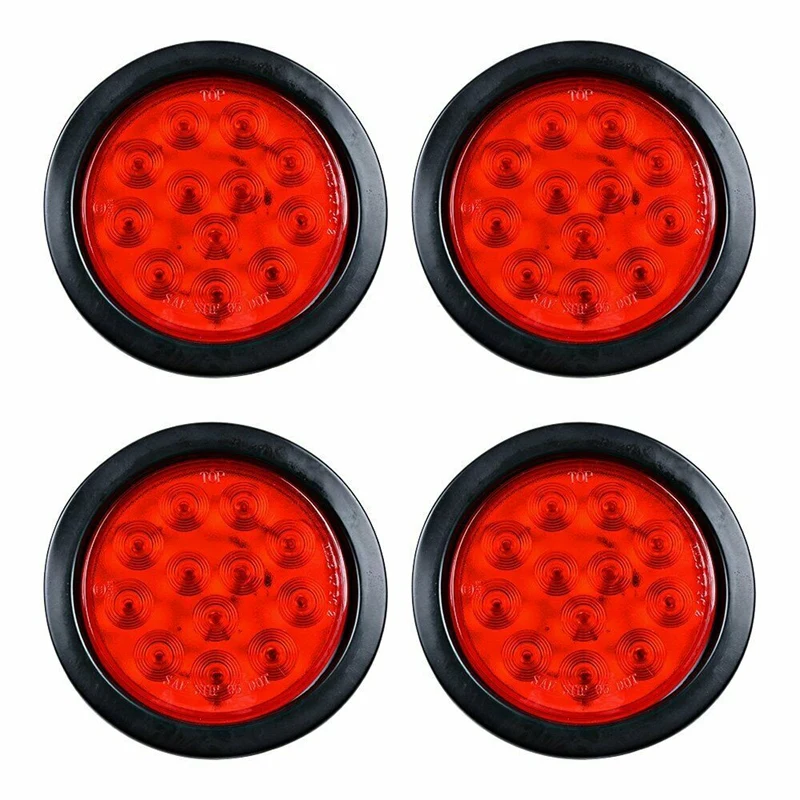 

4Pcs 4Inch Round 12 Red Led Trailer Tail Lights Truck Stop Brake Lamp With Grommet