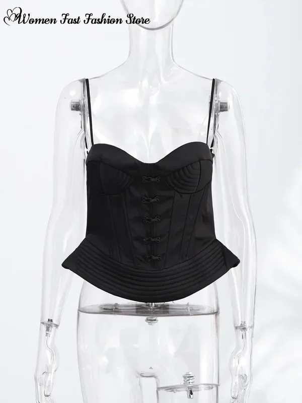 Sexy Fishbone Spaghetti Strap Corset Women's Slim Waist-cinching Backless Lace-up Tank Tops 2026 Summer New Female Pleated Top