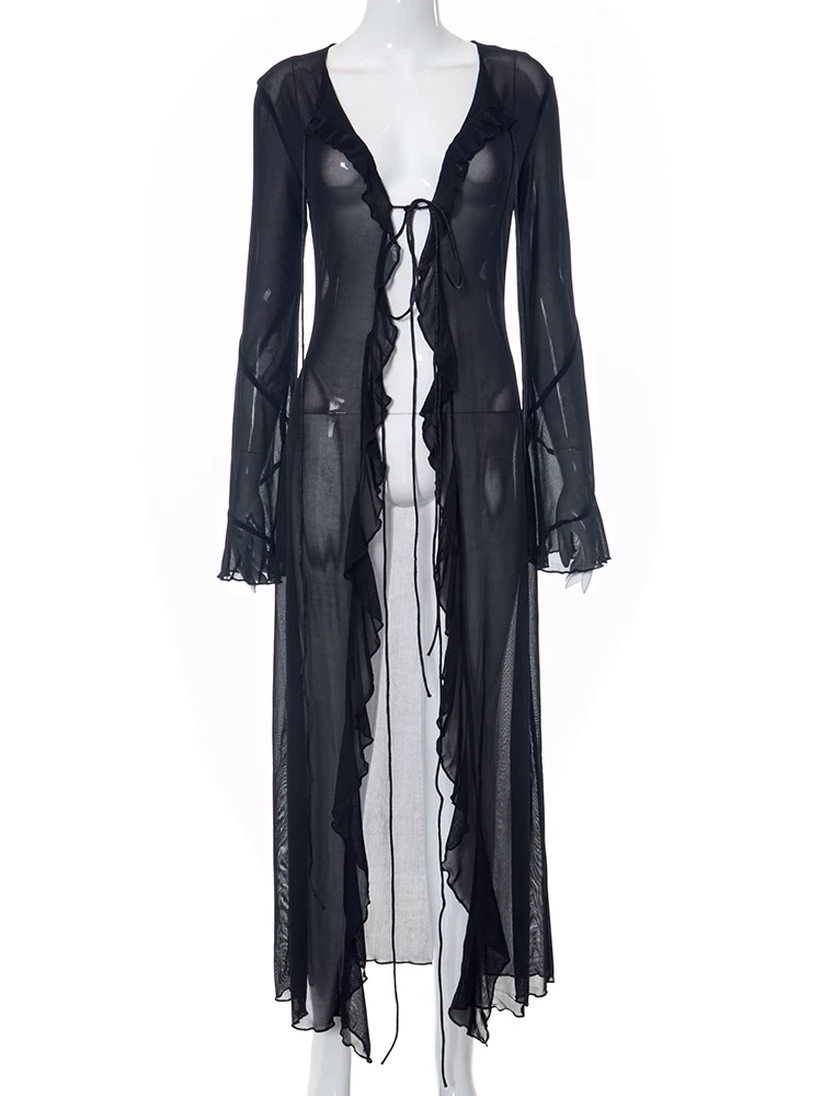 Cárdigan largo de malla para mujer, de verano, liso, con cuello bajo, manga larga y volantes, sexy, transparente, tendencia