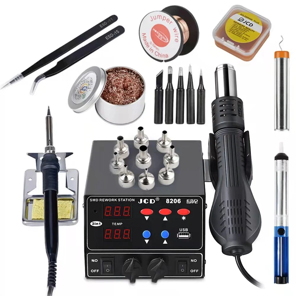 

JCD 800W SMD Soldering Station Quick Heat Electric Hot Air Gun 3 in 1 LED Display Soldering Iron BGA Rework Welding Station 8206