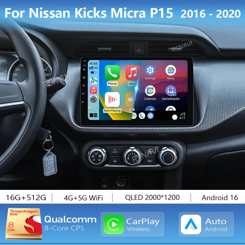 Radio Multimedia para Auto con Pantalla 2K y Android 16 Carplay para Nissan Kicks Micra P15 2016-2020, DSP Autoradio Estéreo 2Din 1