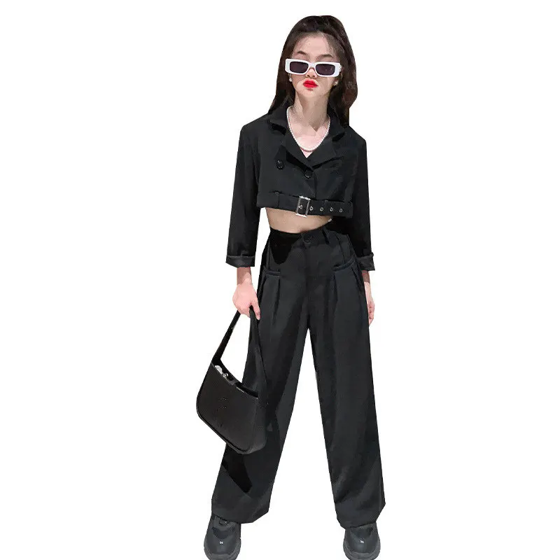 

Blazer Suit for Girls High Waist Jacket Coat + Wide Leg Pants Fashion Two Pieces Spring Autumn Teenager Girl Cool Formal Outfits