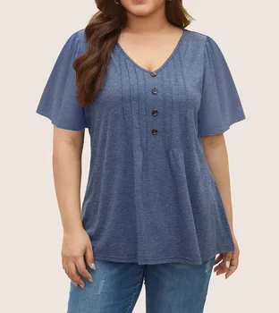 Womens Plus Size Babydoll Peplum Cute Tops Summer Pleated Puff Sleeve V Neck Shirts Oversized Casual Tunic 1X-5X 1