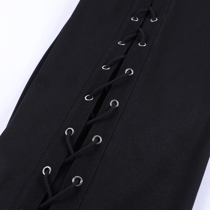Black/White Side Hollow Lace Up Pants Women Fashion Solid High Waist Straight Trousers High Street Sweatpant Spring Summer Pants