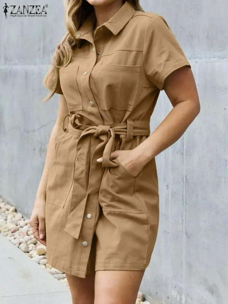 

ZANZEA Fashion Solid Color Dresses Woman Elegant Button Up Dress Summer Short Sleeve Lapel Neck Robe Femme Knee Length Sundress