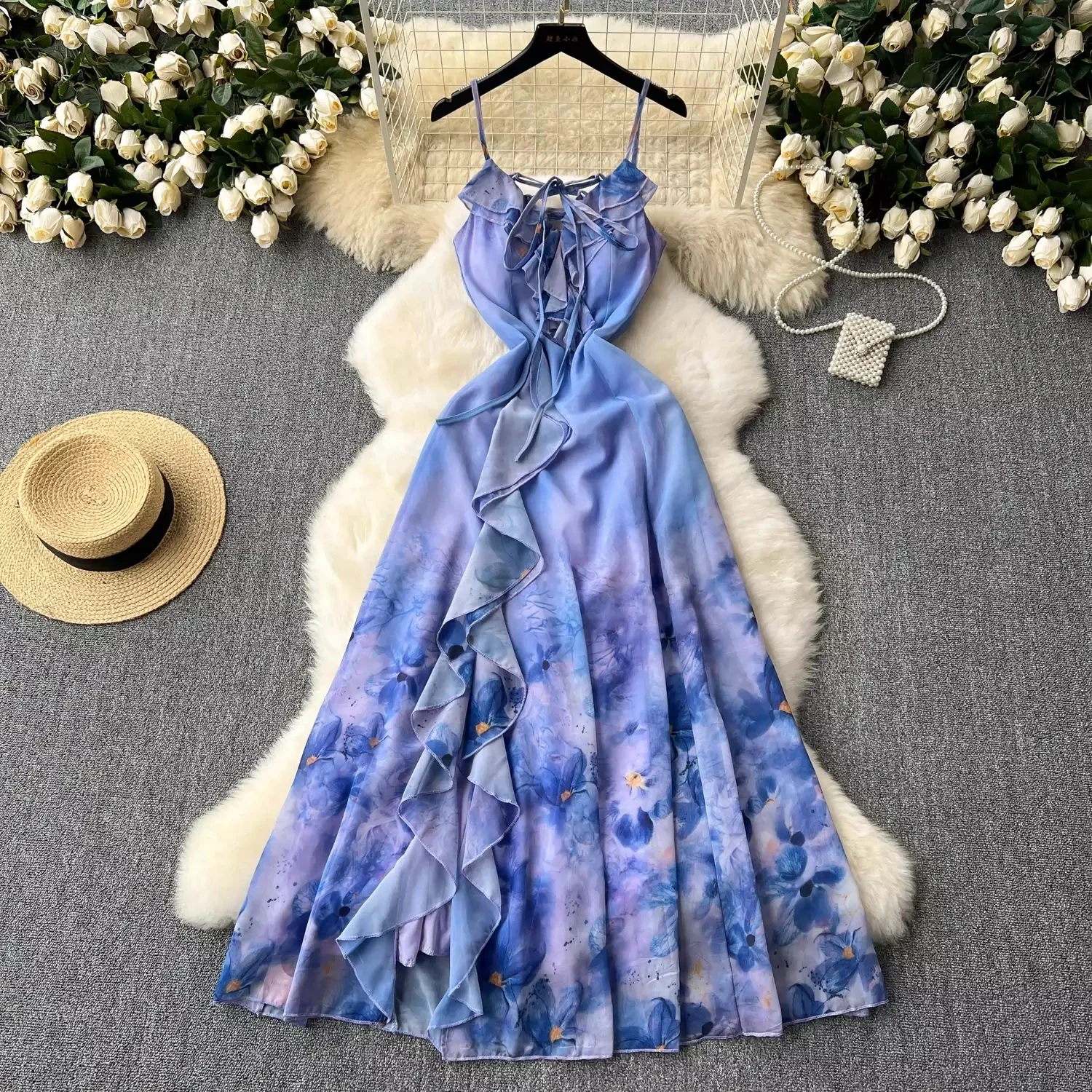 

Summer Strap Beach Dress Sleeveless Ruffles Split Backless Sundress Streetwear Korean Chiffon Floral Print Long Dress