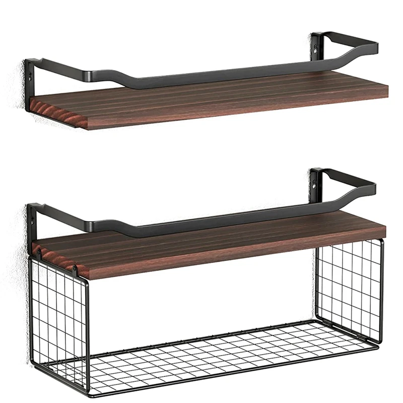 

Floating Shelves With Wire Storage Basket Bathroom Shelves Over Toilet With Protective Metal Guardrail