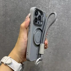 Luxury Flip - Up Lens Holder Magnetic Case with Fashion Nylon Wristband and Soft Cover - iPhone 15 Plus (Gray)