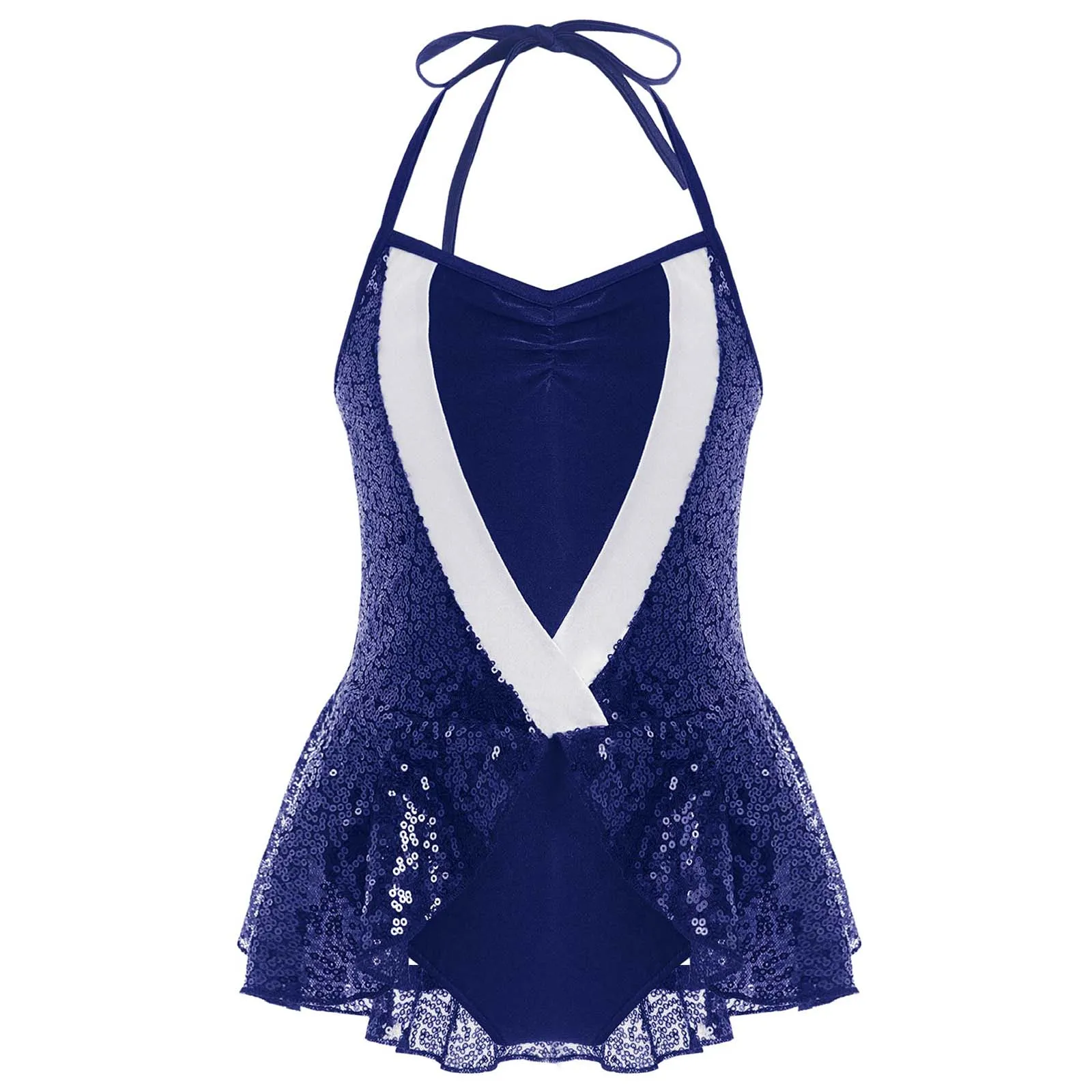 

Kids Girls Sleeveless Lace-up Halter Neck Sequins Ballet Dance Gymnastics Leotard Dress Figure Skating Jazz Latin Dance Costume