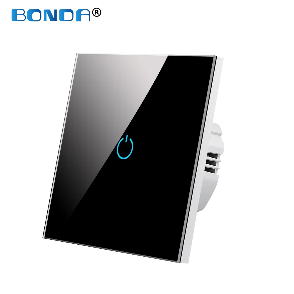 BONDA Wall Touch Switch 220V EU Standard Tempered Crystal Glass Panel Power 1/2/3 Gang 1 Way Light Sensor Switches Waterproof light switch night light Wall Switches