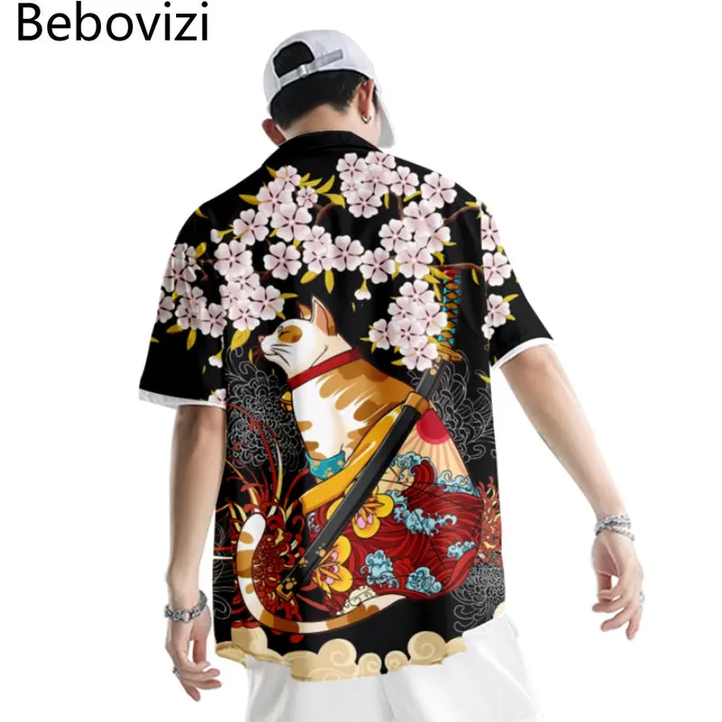 

Japanese Style Men Anime Cat Samurai Print Streetwear Hawaiian Shirt Summer Beach Short Sleeve Harajuku Hip Hop Aloha Shirt