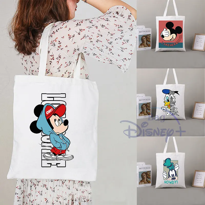

Disney Mickey Minnie Shoulder Bag Cartoon Tote Bags for Women Canvas Luxury Handbags Shopping Print Bag Fabric Reusable Handbag