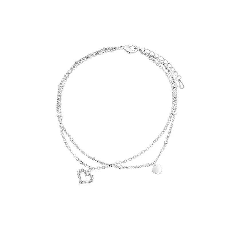 Genuine 925 Sterling Silver Fashion Double Layer Chain Heart Anklets For Women Wedding Birthday Present Fine Jewelry DA2343
