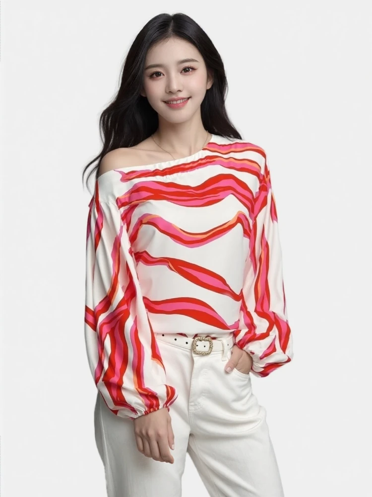New women's clothing style off shoulder one collar printed loose top shirt 248
