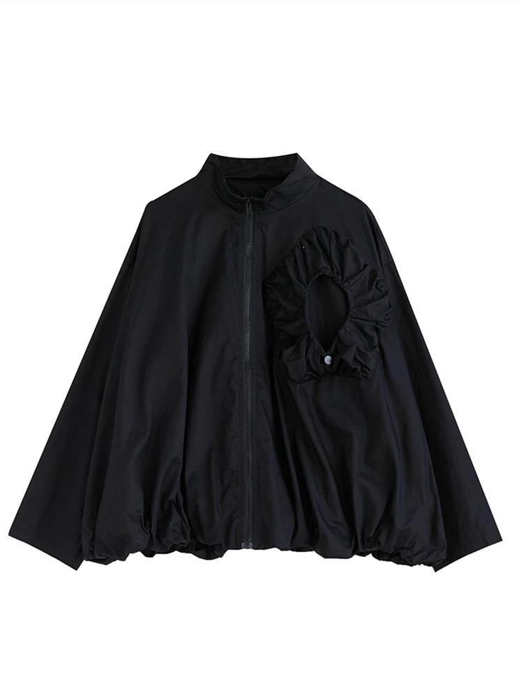 2025 Spring Autumn Women's Black Solid Color Jacket Casual Loose All Match Double-layer Oversize Fashion Standing Collar Coat