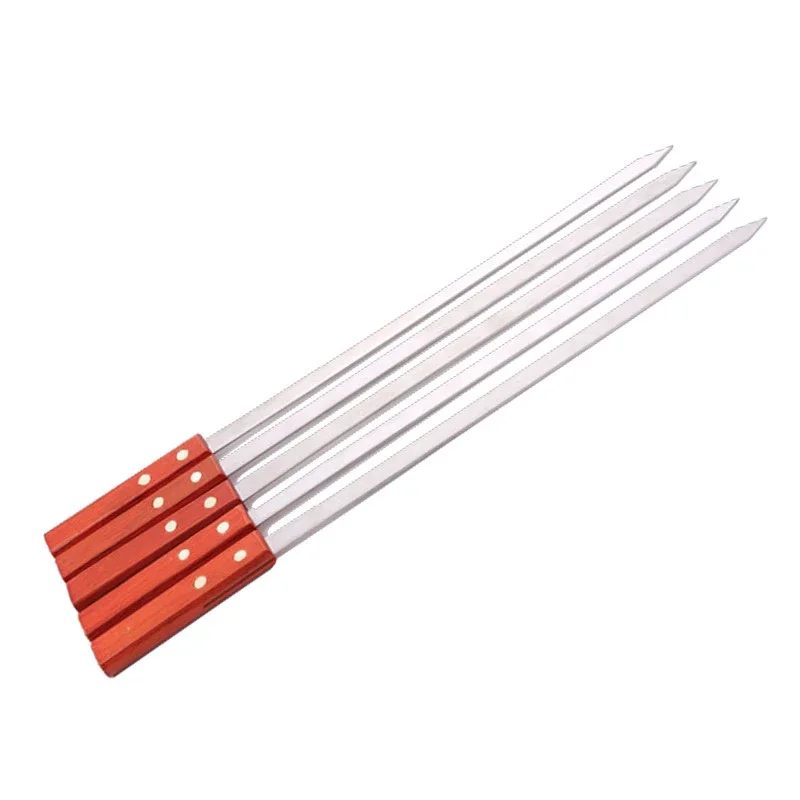 Barbecue Skewers Stainless Steel Fork Flat Shish Kebab BBQ Needle Grills Sticks Turkish Long Wood Skewer Panic Tools