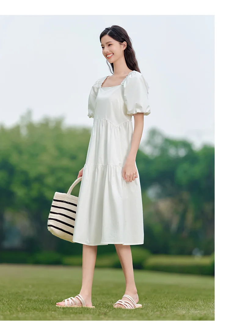 Dress Women Gentle And Feminine Style With Ruffled Trim And Square Neckline Summer New Bubble Sleeves Doll Dress