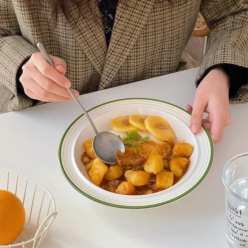 Retro svitek polévka talíř domácnost oválné ryba miska keramika nádobí zelenina salátové těstoviny platter nasnídat se ovoce jogurt miska