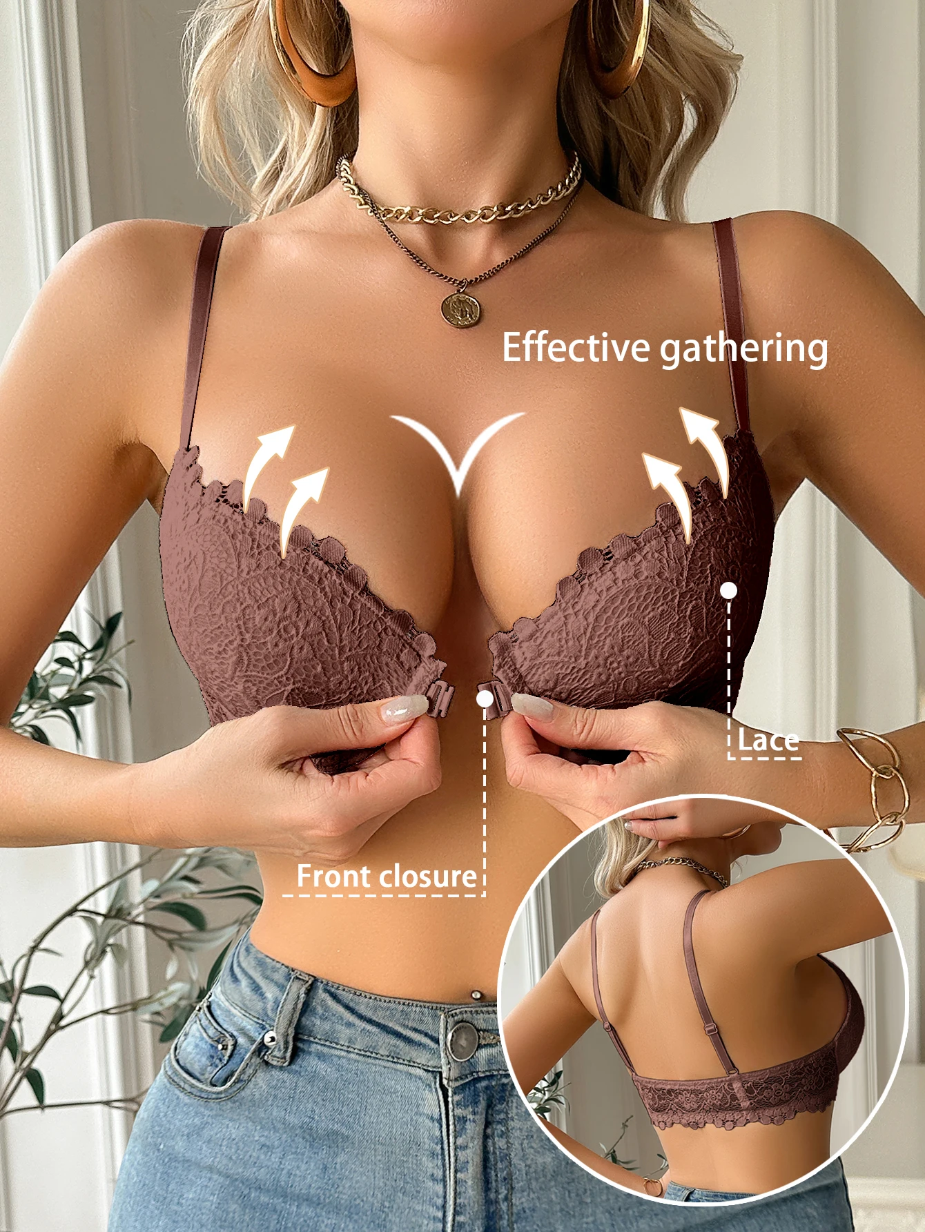 Modern Women's Lace Bra, Sexy Front-Closure Push-Up Bra, Non-Padded Breathable Comfortable Elegant Sexy Lingerie Top