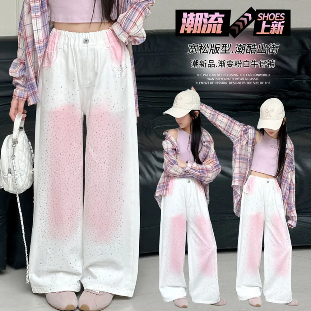 키즈 화이트 라인스톤 장식 스트레이트 레그 스파클리 청바지 결혼식 생일 파티 의상에 적합 소녀 블링 블링 팬츠
