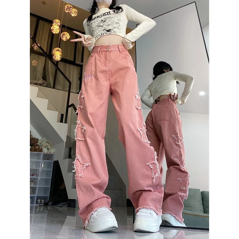 

Vintage Pink Women Jeans High Waist Starry Chic American Fashion Streetwear Wide Leg Jean Female Trouser NEW Baggy Denim Pants