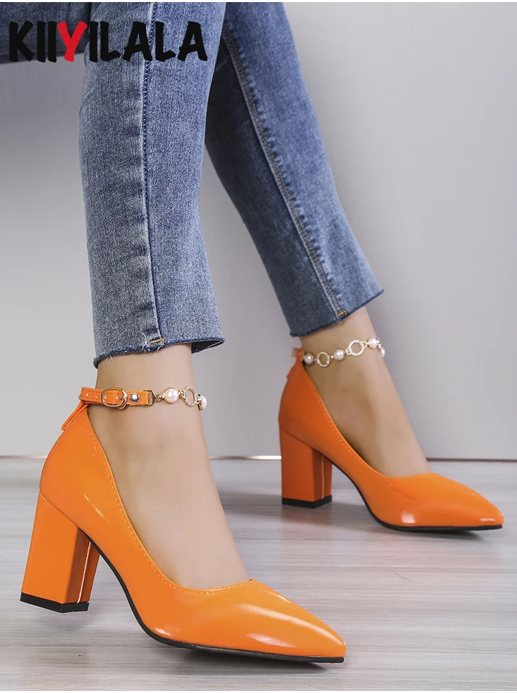 Orange Pearl Crystal Embellished Chain Pumps with Chunky Heels and Pointed Toes in Patent Leather