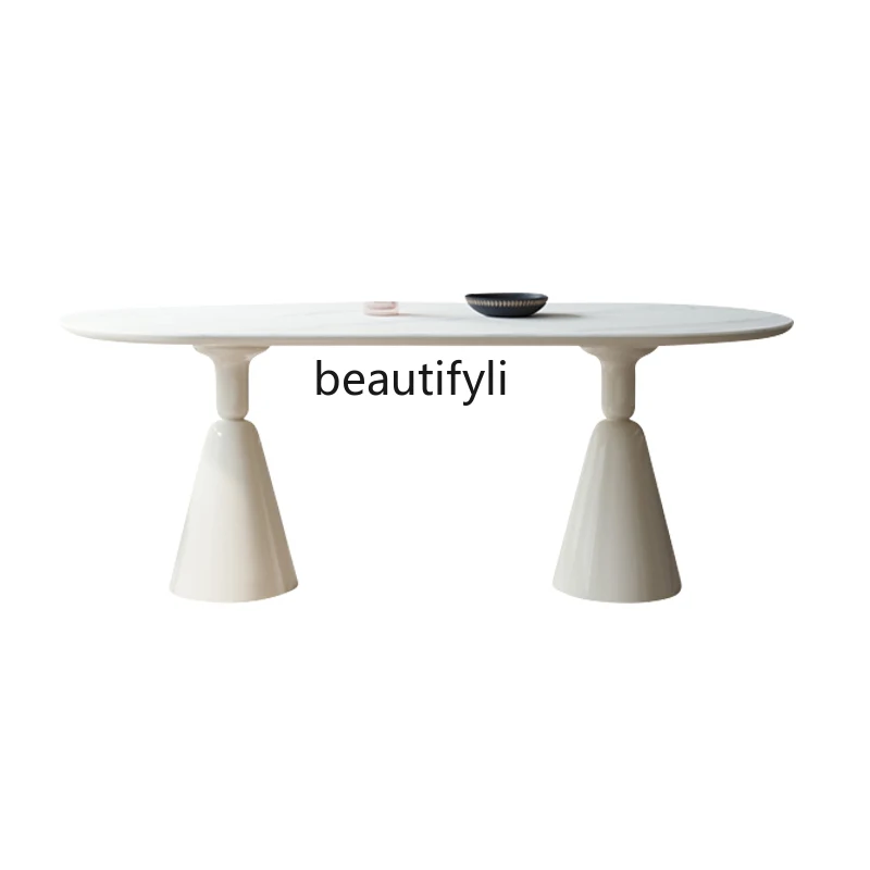 

White Small Apartment Oval Dining Table French Stone Plate Dining Tables and Chairs Set Household