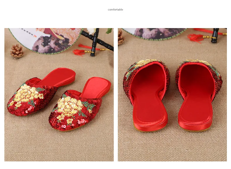 36-40 Women Slippers Sequin Embroider Shoes Summer Silk Fabric Flats Flower Closed Toe Soft Sole Non-slip Chinese Style Footwear