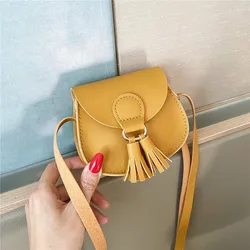 Children's PU Leather Tassel Crossbody Bag - Cute Princess Shoulder Purse (Yellow)