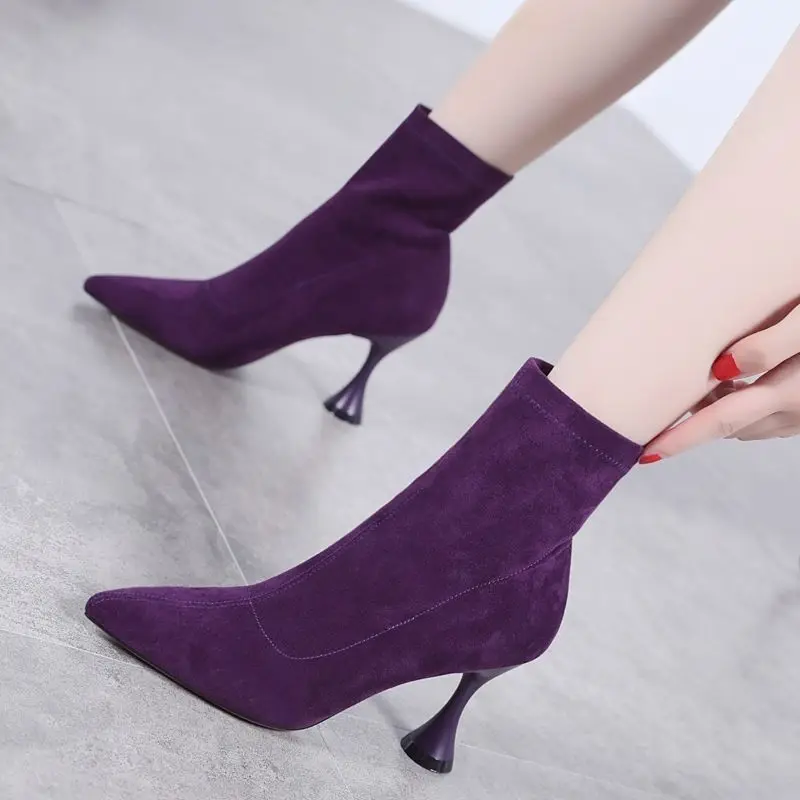 

2022 New Women's Elastic Boots Versatile Pointed High Heels Middle Boots Women's Thin Heels Short Boots Autumn and Winter