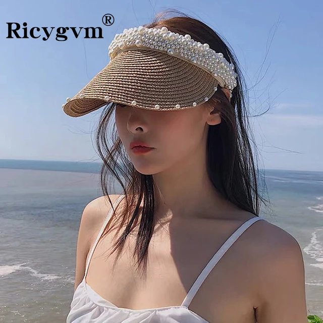 RICYGVM Sweet Pearls Straw Hat For Women Sunscreen Peaked Cap Handwoven Empty  Top Duck Tongue Caps Beach Travel Summer Sun Visor - AliExpress