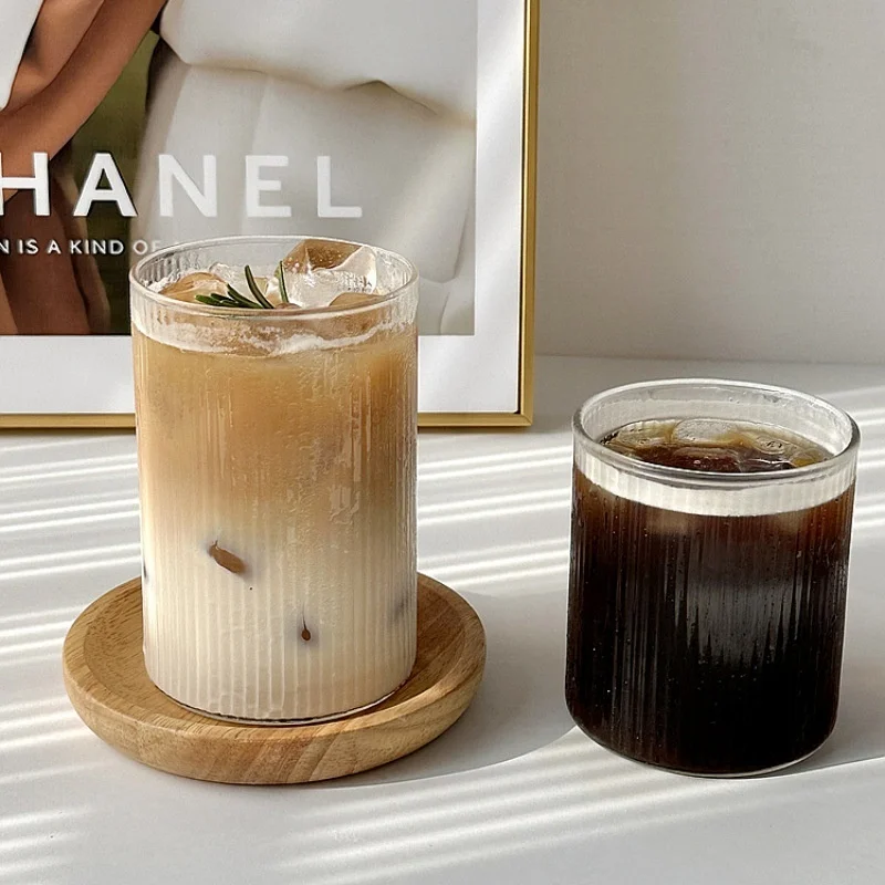 Household Vertical Pattern Milk Cup, Iced Coffee Beverage Cup, Transparent Glass, Large Capacity, Single-layer New