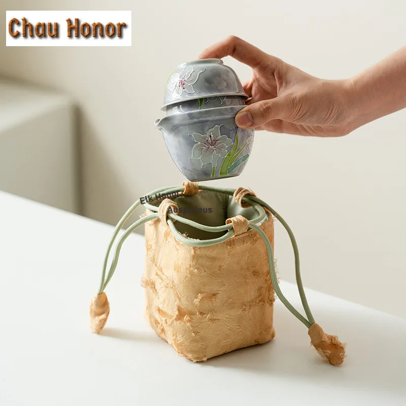 Misty Purple Pure Hand-painted Lily Travel Tea Set Kit Traditional 1 Pot 2 Cups Tea Making Organizer Portable Picnic Stock Bags