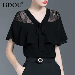 Summer Fashion Female Clothing V-neck Black Butterfly Sleeve Short Sleeve Tops Women Casual Loose Lace Patchwork Chiffon Shirt