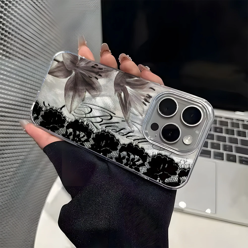 Elegant Black Lace and Floral Pattern TPU Silicone Phone Case Cover