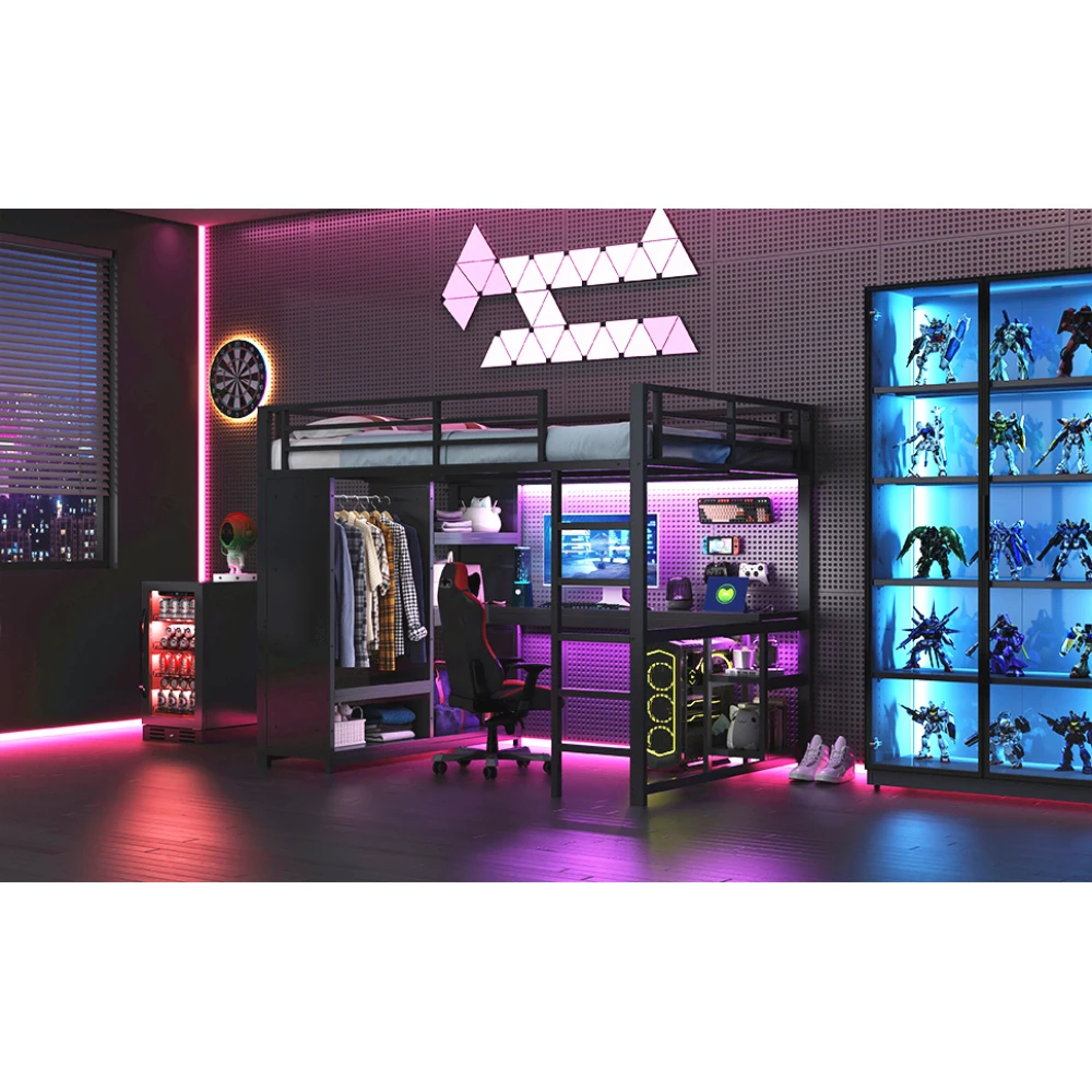 Schwarzes Metall-Gaming-Hochbett mit LED-Beleuchtung 140x200/160x200cm Multifunktionales Kinder-Etagenbett mit Schreibtisch Offener Kleiderschrank Aufbewahrungsboxen – Detail 18