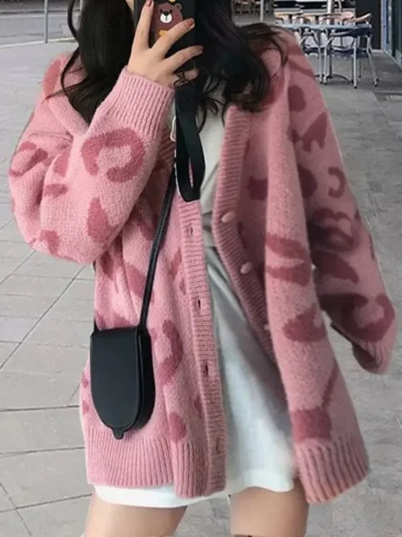 여성용 캐주얼 스웨터, 한국 패션 용수철 핑크 레오파드 V넥 긴팔 카디건, 루즈 코트