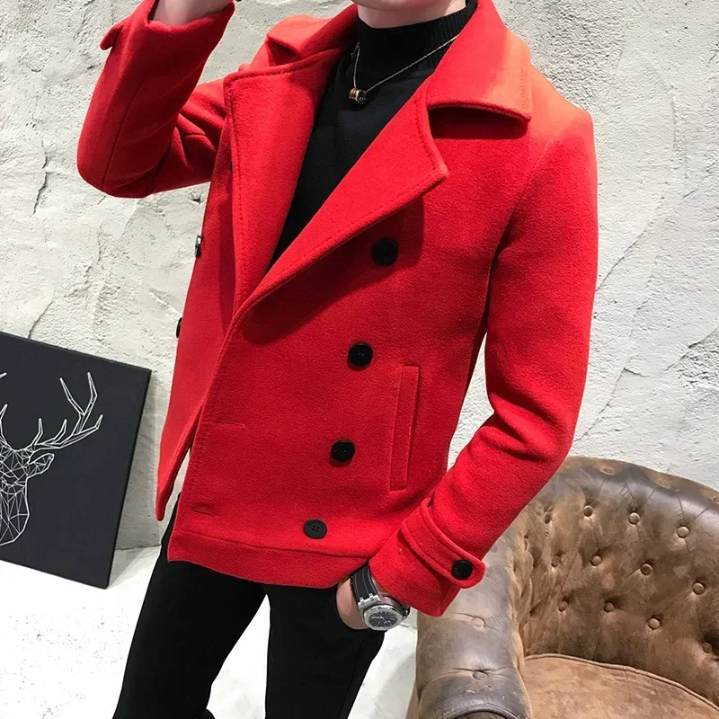 2023 New Fashion Men Double-Breasted Windbreaker Solid Color Slim Short Woolen Coat Winter Casual Warm Windbreaker Coat Size 5XL 6