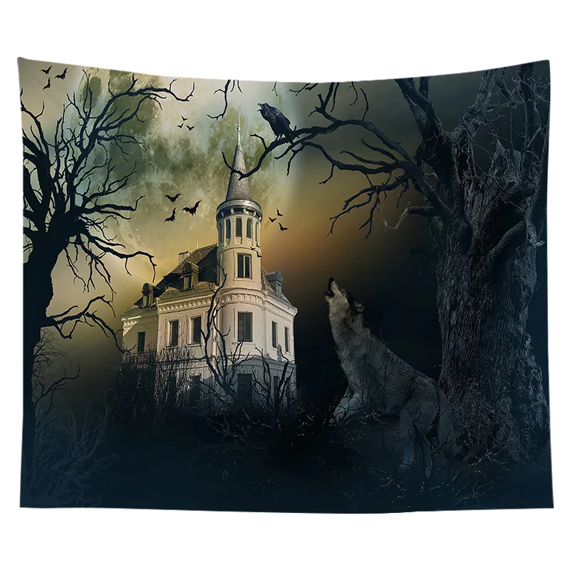 Halloween Tapestry Castle of the Night Cemetery Tapestry Hippie Wall Hanging for Bedroom Dorm Living Room Home Decor