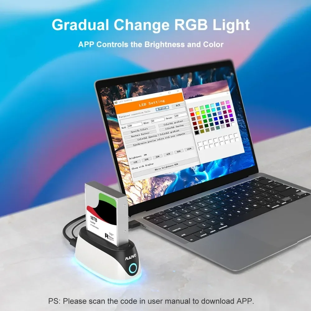 MAIWO RGB Hard Drive Docking Station USB 3.0 to SATA SSD HDD Case Base 2.5/3.5 inch SATA HDD/SSD Support 18TB Capacity UASP external hard drive case ssd enclosure hdd docking station