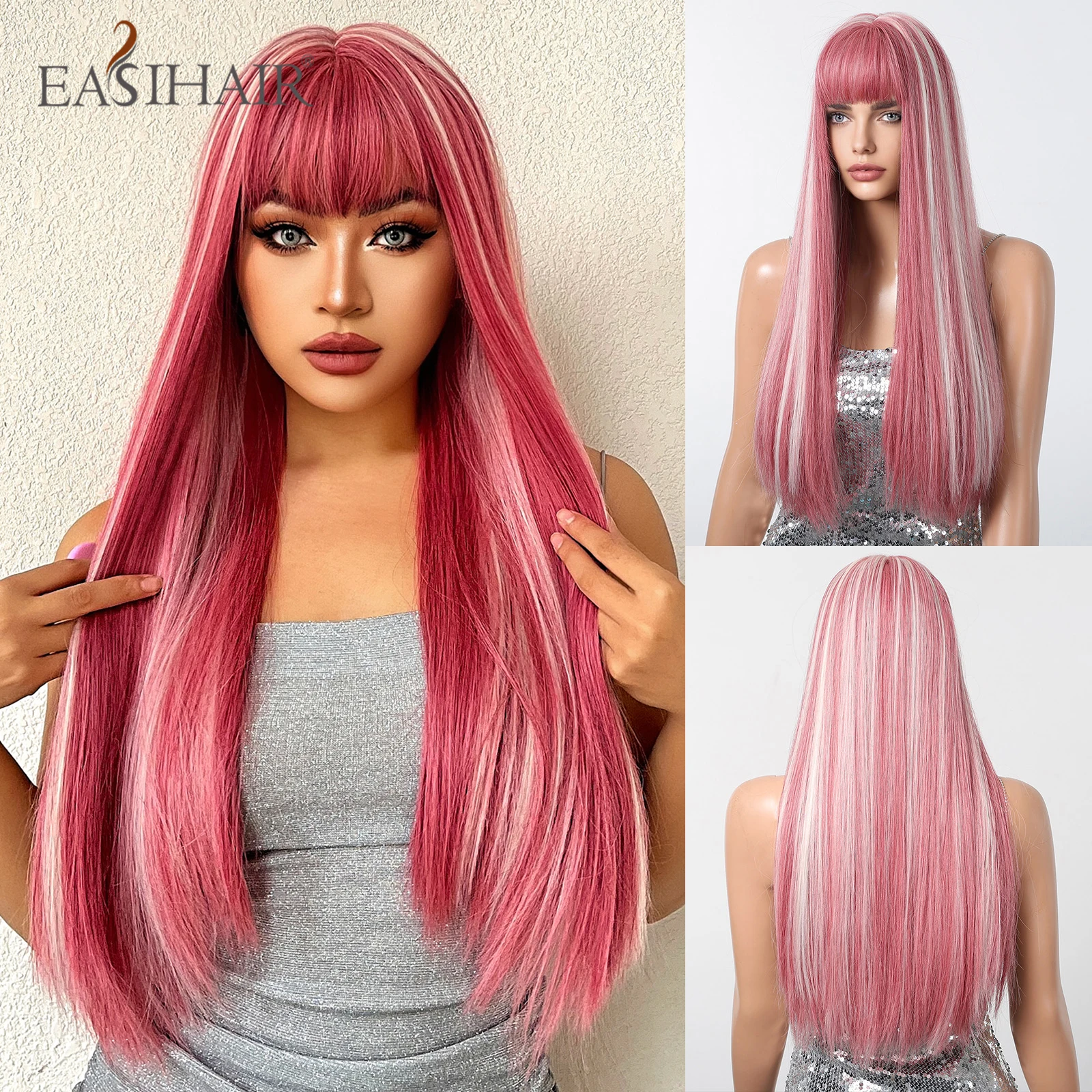 

EASIHAIR длинные прямые синтетические парики красный с розовым выделением парик для женщин с челкой косплей натуральные волосы парики термостойкие