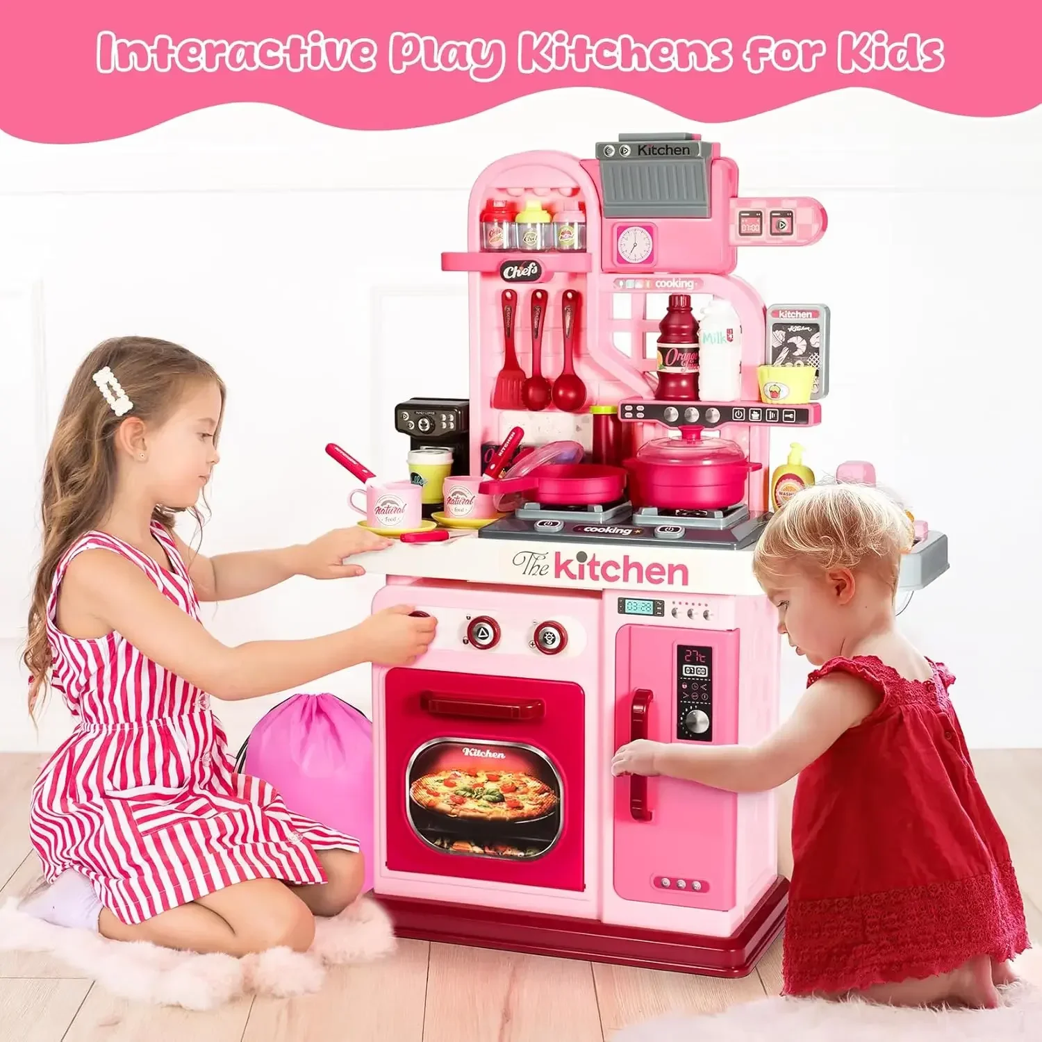 Kitchen Toys Pretend Kitchen Toys Kitchen Sink Toys Kids Kitchen Playset Kitchen Set for Toddlers 1-3 3-5 Cooking Stove Play Sink and Kitchen Accessories Toy (Pink)