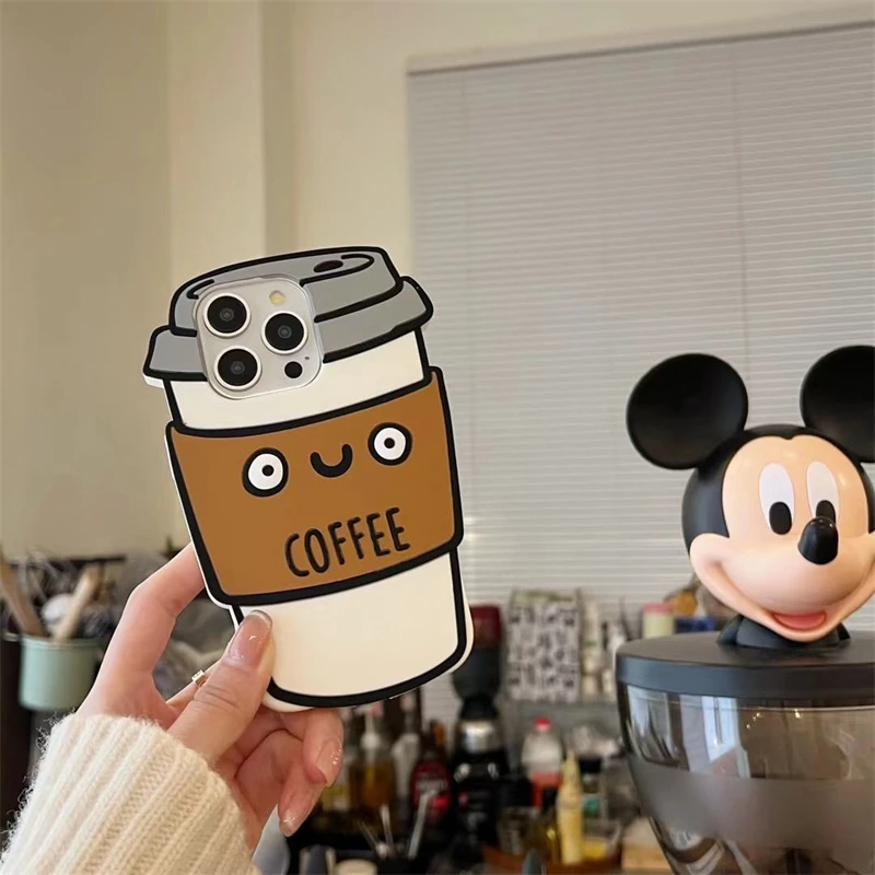 3D Cartoon Coffee Cup Soft Silicone Phone Case with Strap